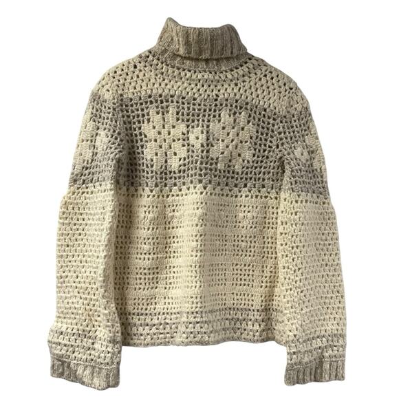 Express Crochet Snowflake Sweater Ivory And Tan Large Handknit Turtleneck - Picture 2 of 10